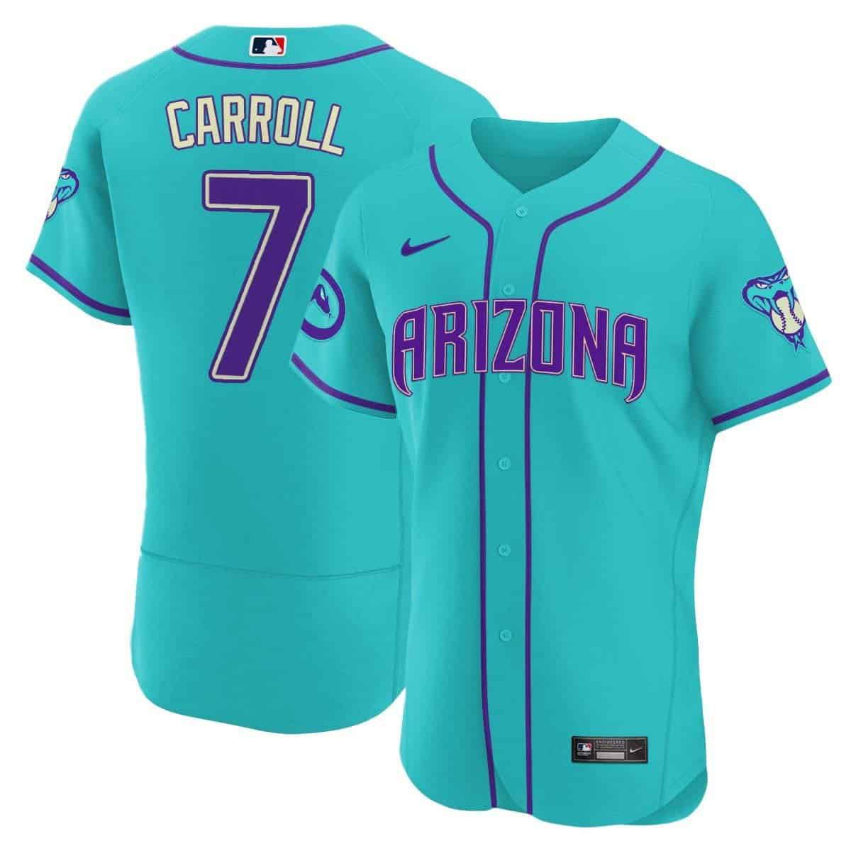 Men Arizona Diamondback #7 Carroll Light Blue Nike 2024 Teal Purple MLB Jersey style 1